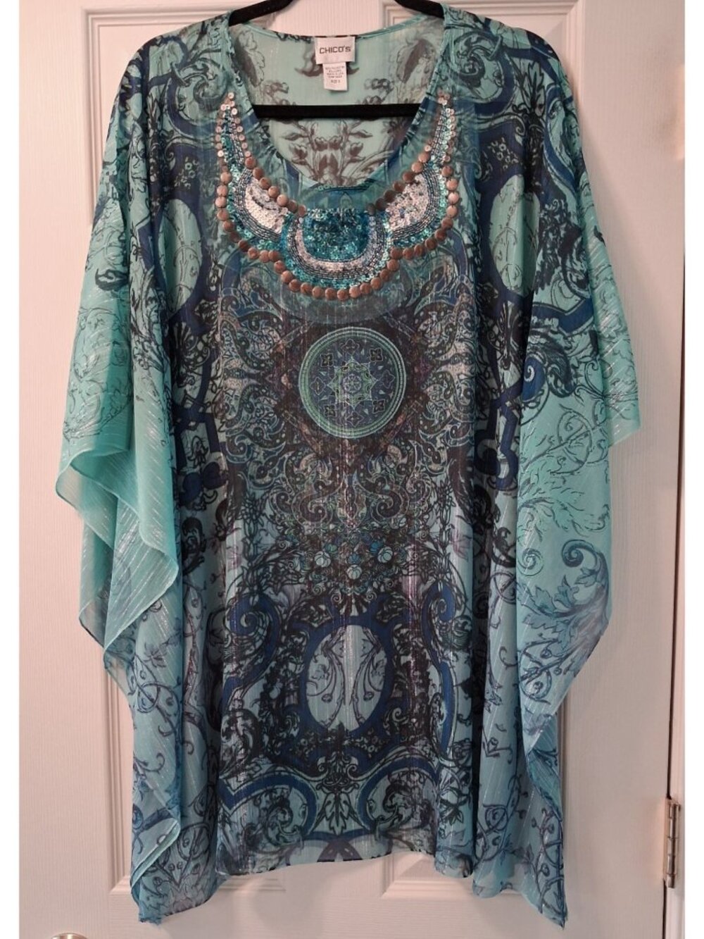 Chicos Size 2 US-L (12) Womens Batwing Embellished Sheer Poncho-Style Cover Up